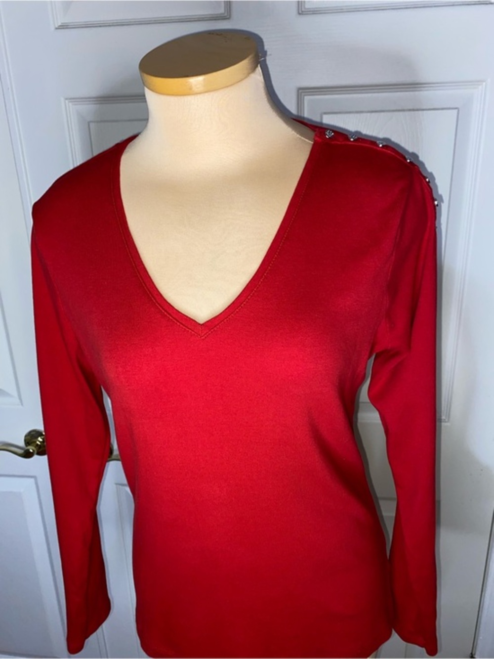 Lauren Ralph Lauren Red V-Neck Long Sleeve Top with Left Shoulder Buttons